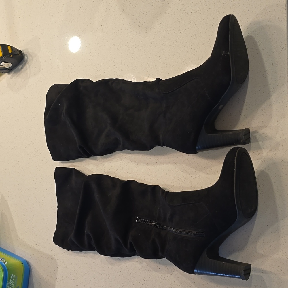 Black faux suede microfiber tall boots.